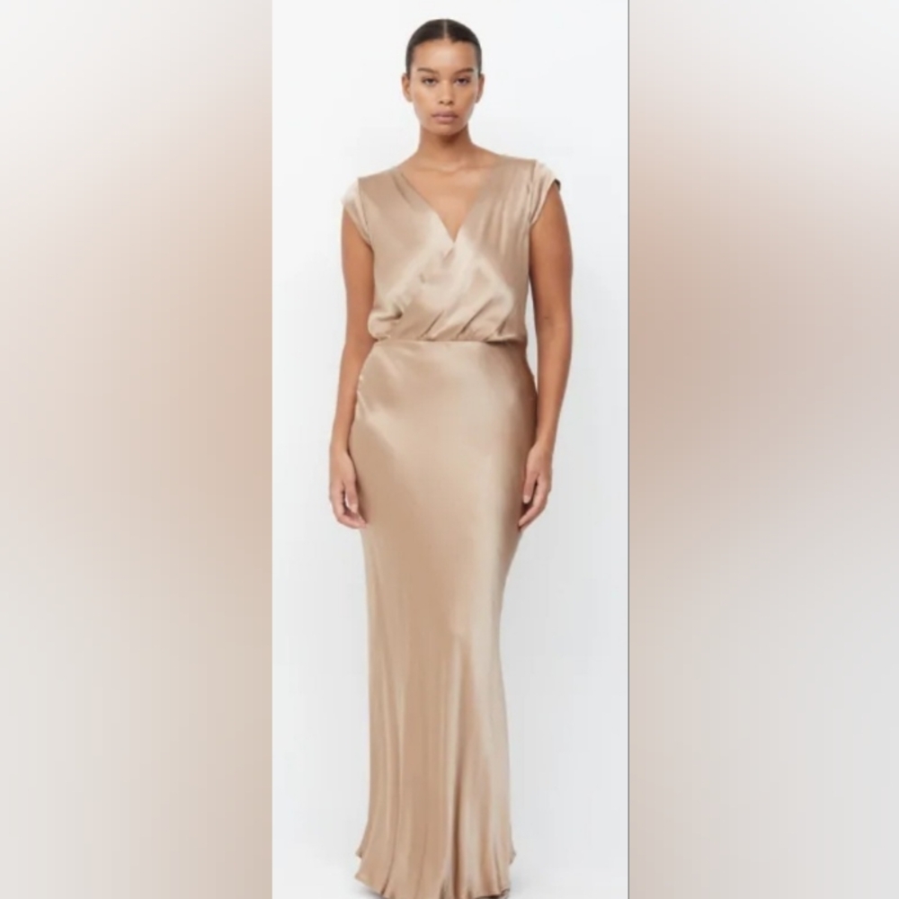 Bec & Bridge Satin Maxi Dress in Golden
